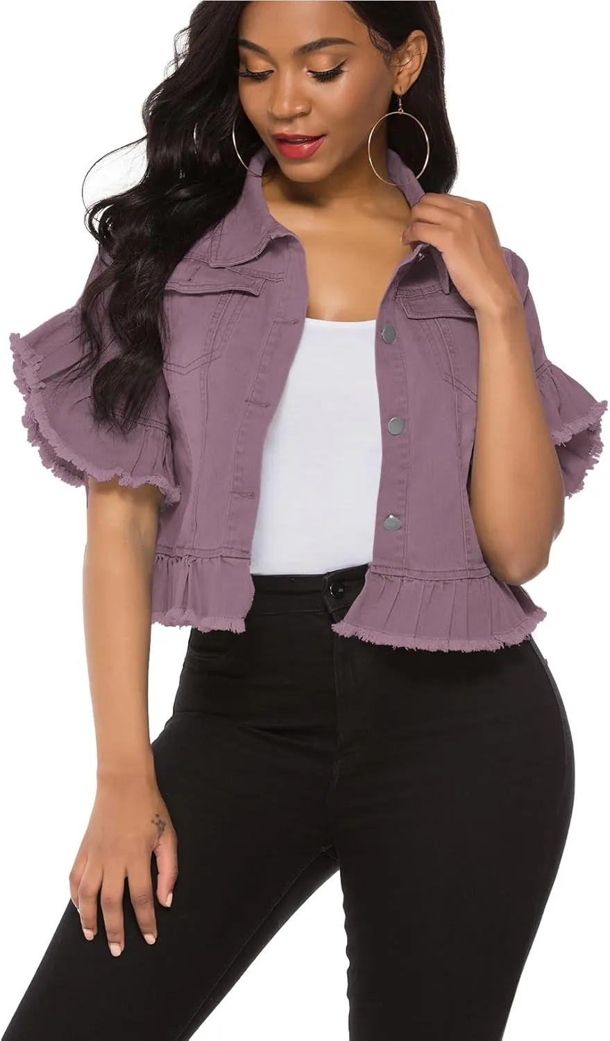 Suvimuga Women's Denim Jacket Button Down Distressed Ruffle Sleeve Crop Jean Jackets Coat