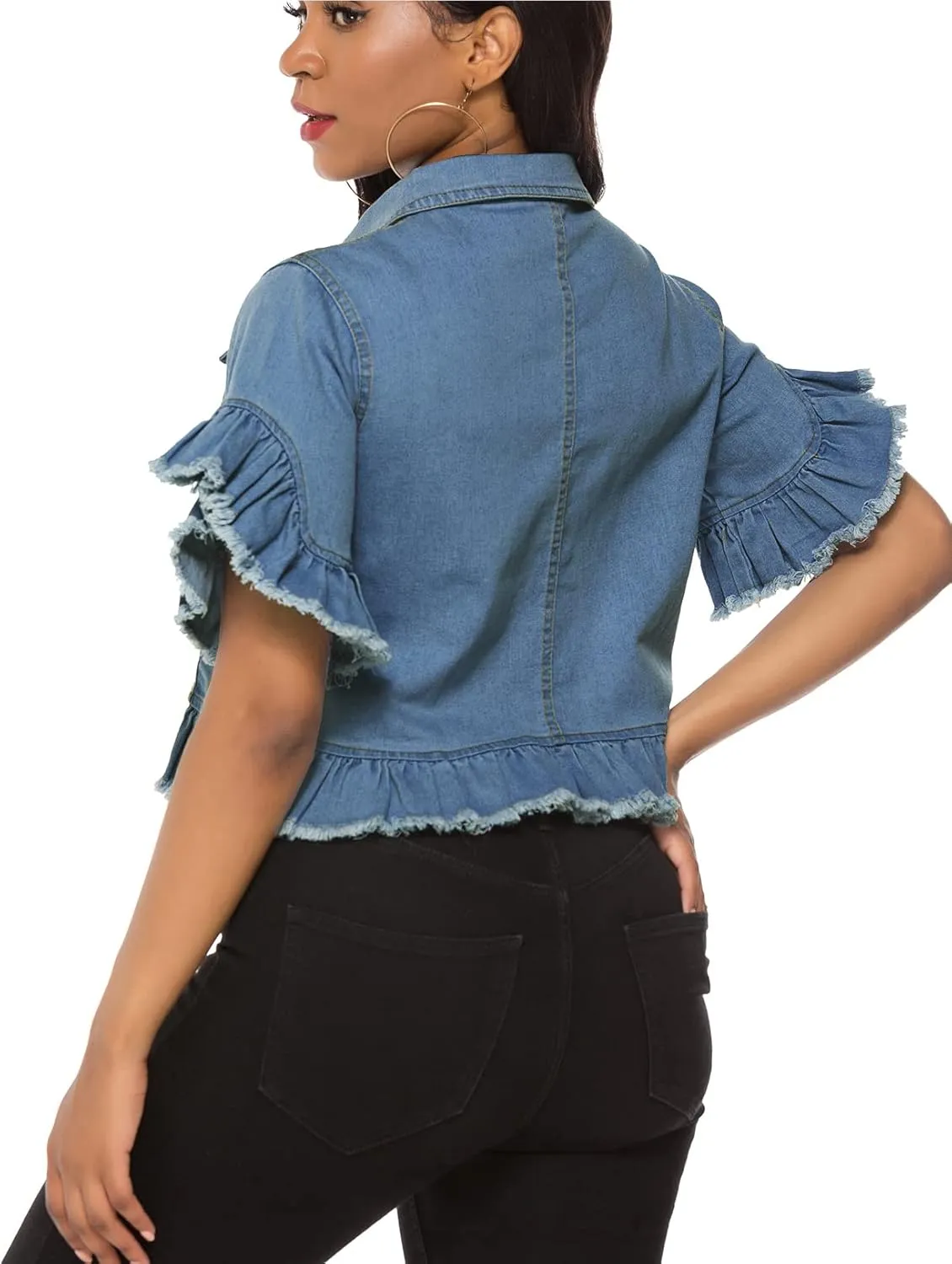 Suvimuga Women's Denim Jacket Button Down Distressed Ruffle Sleeve Crop Jean Jackets Coat
