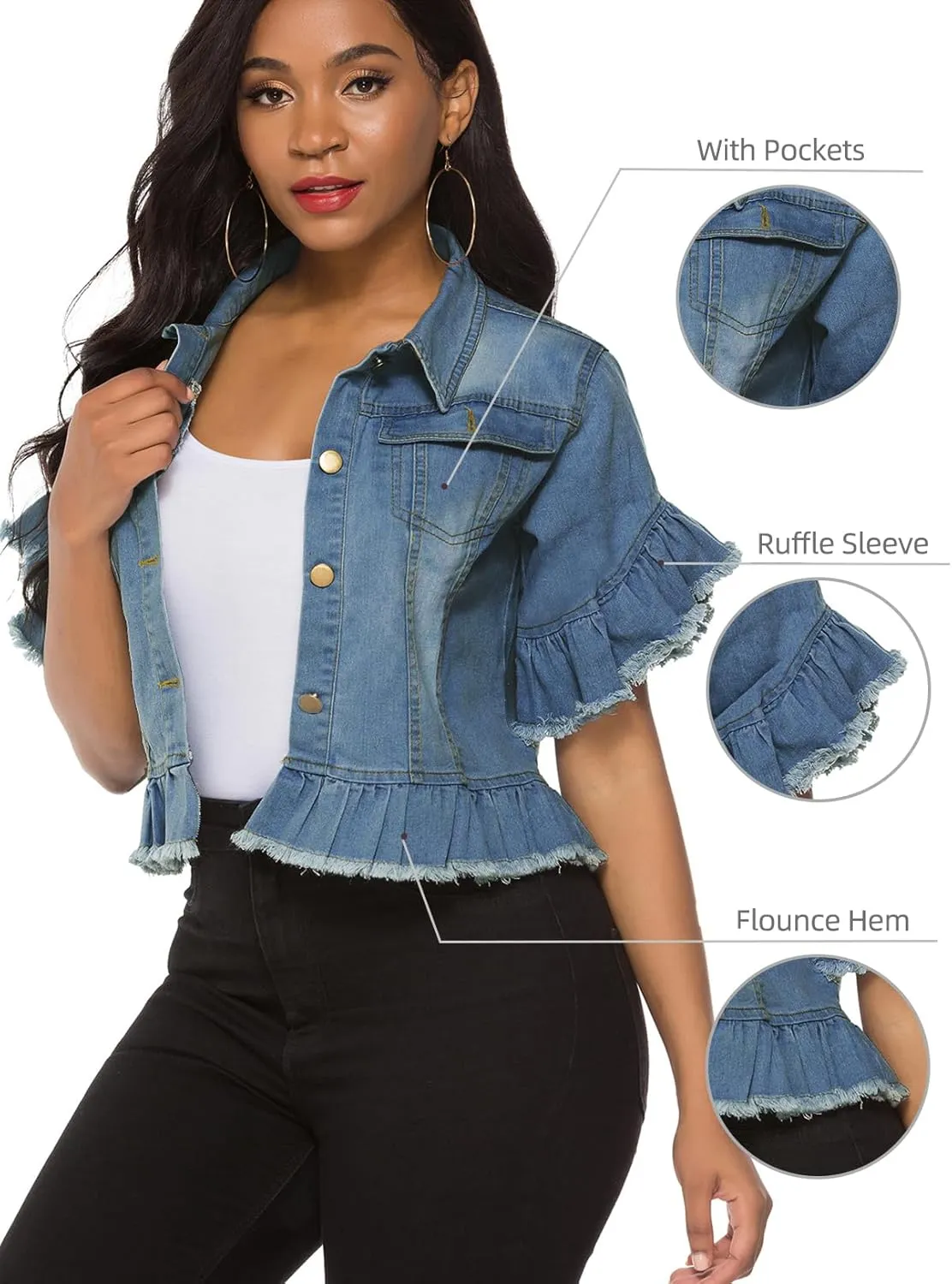 Suvimuga Women's Denim Jacket Button Down Distressed Ruffle Sleeve Crop Jean Jackets Coat