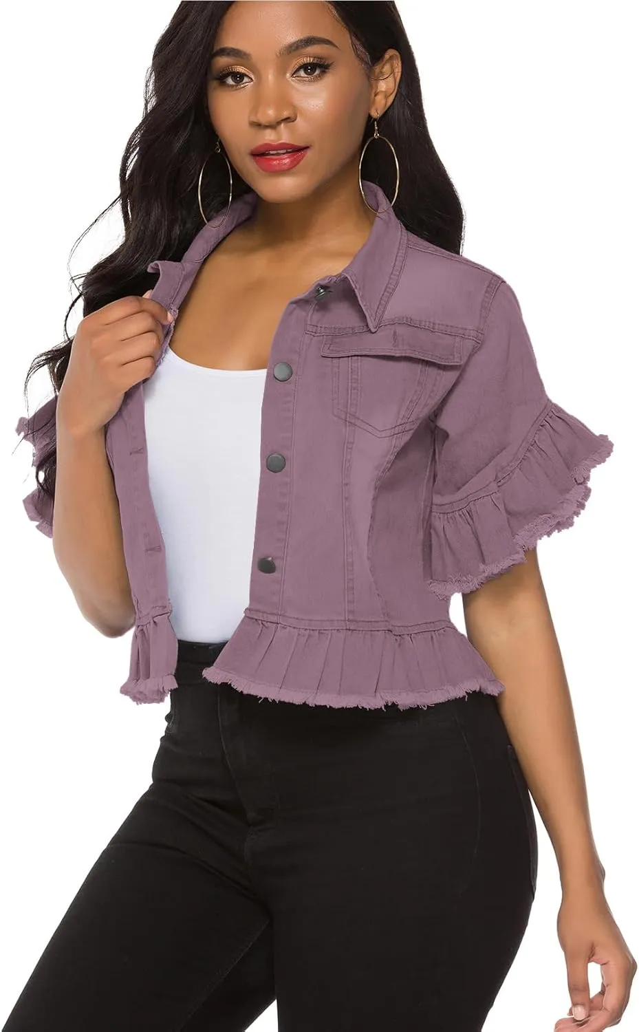 Suvimuga Women's Denim Jacket Button Down Distressed Ruffle Sleeve Crop Jean Jackets Coat