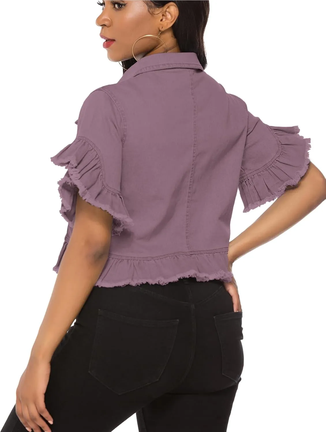Suvimuga Women's Denim Jacket Button Down Distressed Ruffle Sleeve Crop Jean Jackets Coat
