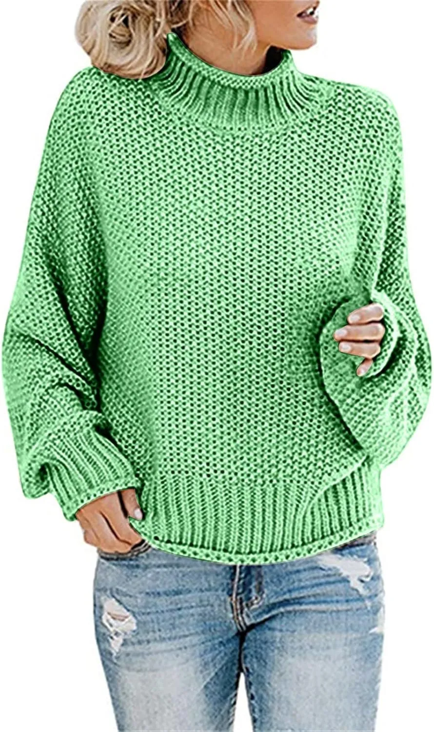Sweaters for Women Turtleneck Batwing Sleeve Loose Oversized Chunky Knitted Pullover Sweater Jumper Tops