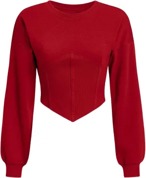 SweatyRocks Women's Corset Crop Sweatshirt Long Sleeve Hanky Hem Cropped Pullover Tops