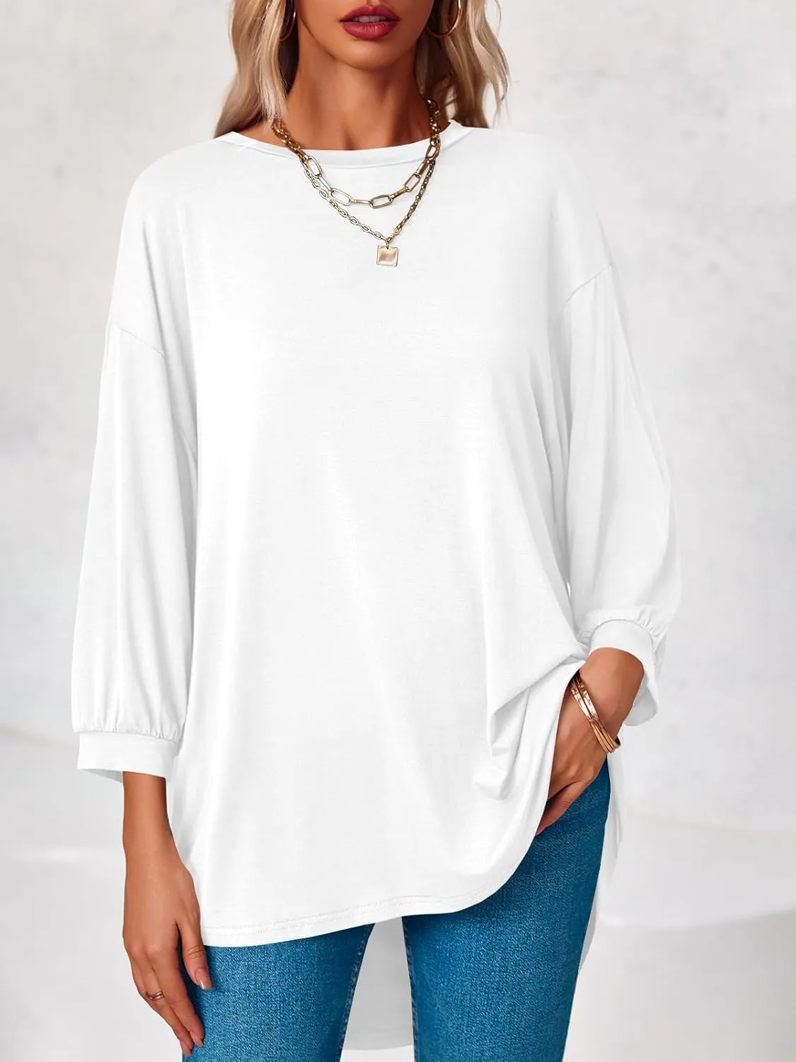 Tankaneo Womens Oversized T Shirts Summer Casual Loose Fit 3/4 Batwing Sleeve Tunic Tops with Leggings