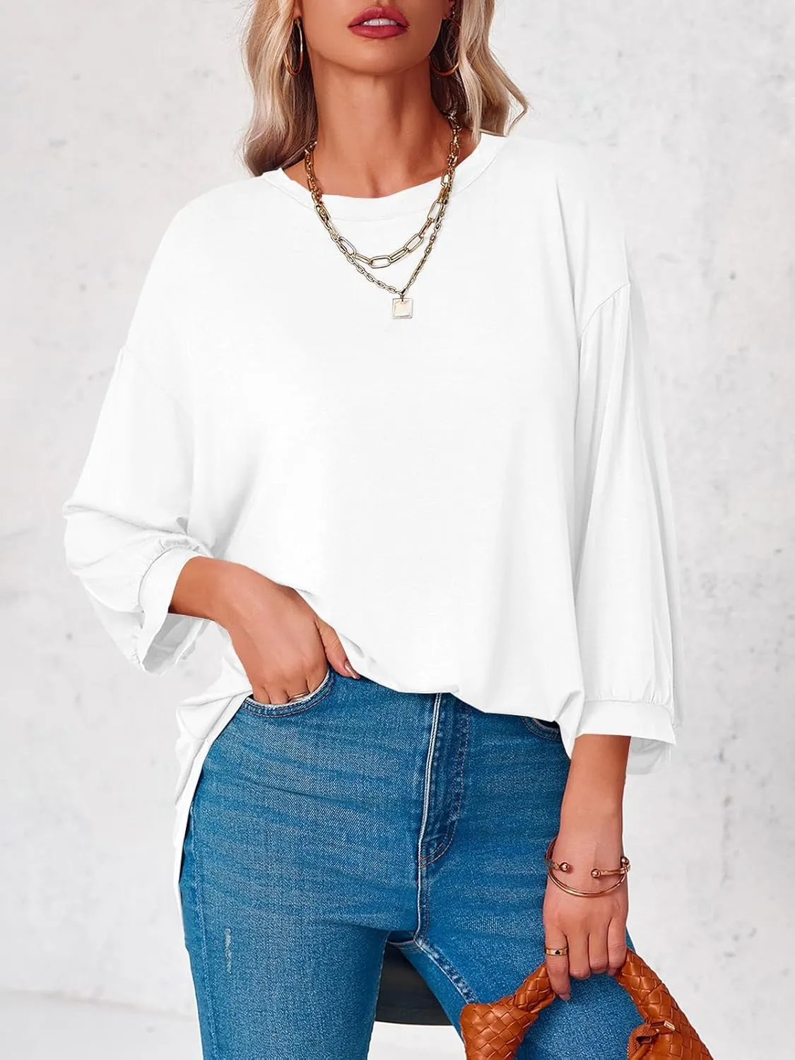 Tankaneo Womens Oversized T Shirts Summer Casual Loose Fit 3/4 Batwing Sleeve Tunic Tops with Leggings