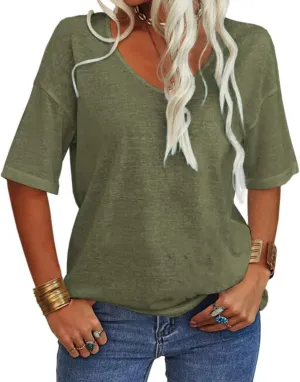 Tankaneo Women's Summer Fashion V-Neck Half Sleeves T Shirt Solid Casual Loose Basic Tunics Tops