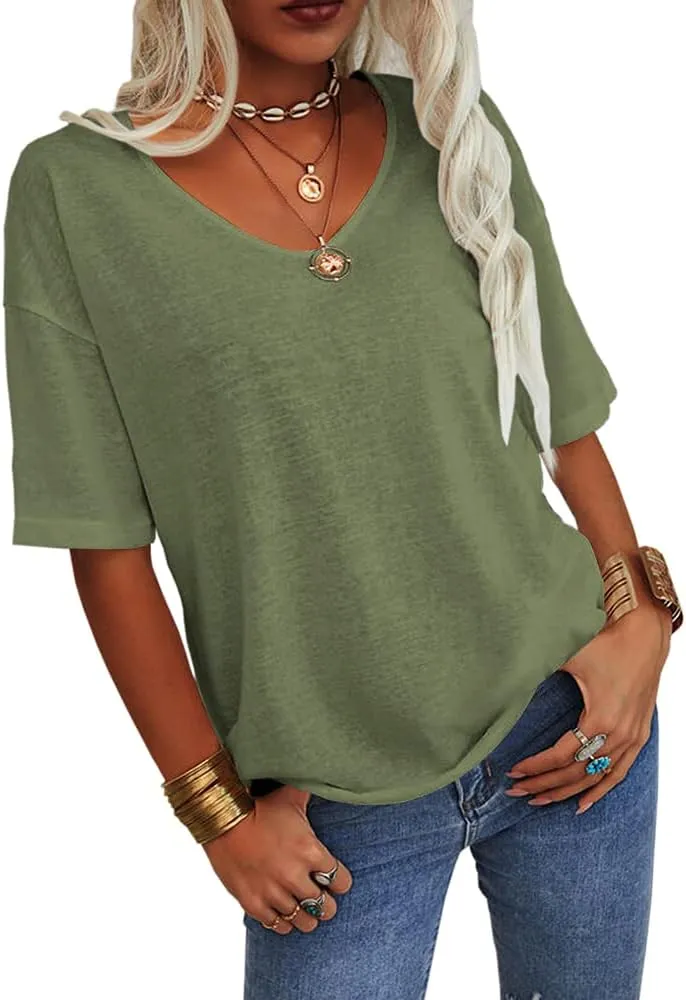 Tankaneo Women's Summer Fashion V-Neck Half Sleeves T Shirt Solid Casual Loose Basic Tunics Tops