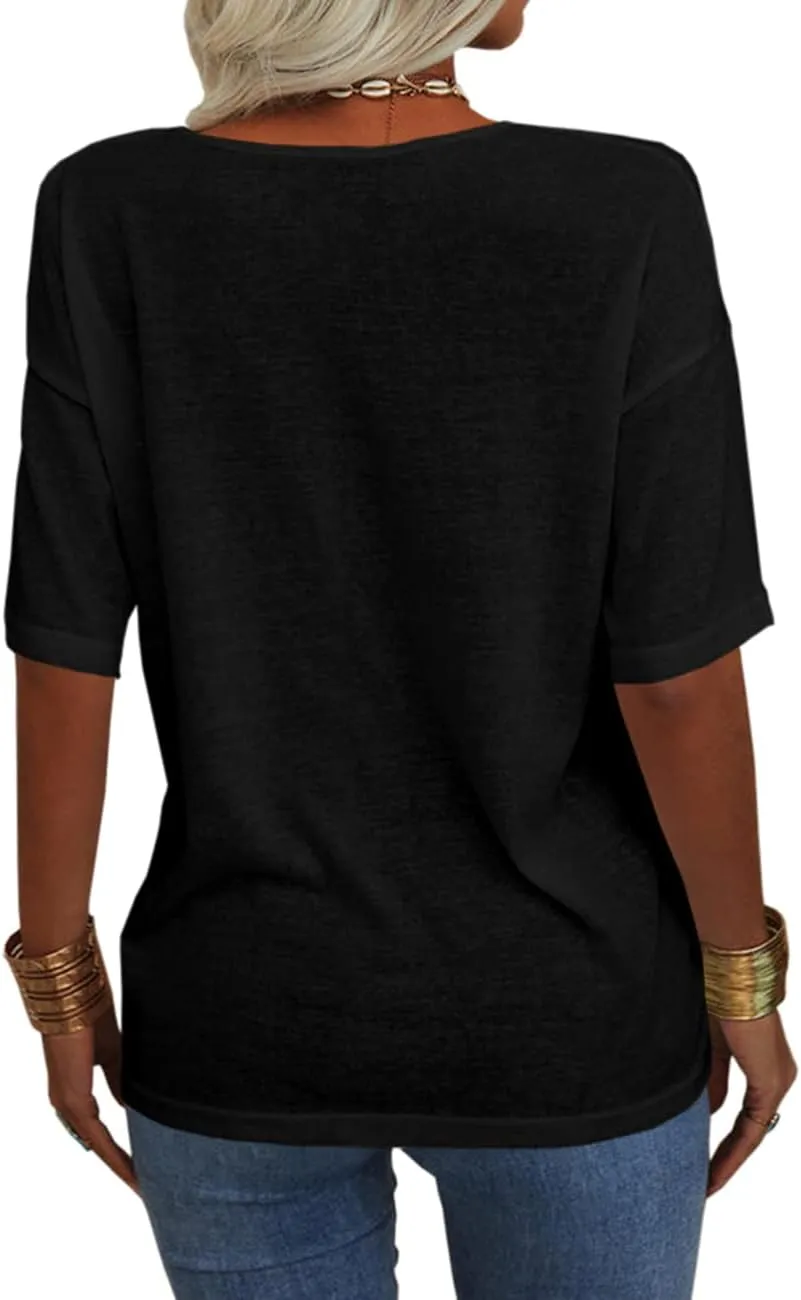Tankaneo Women's Summer Fashion V-Neck Half Sleeves T Shirt Solid Casual Loose Basic Tunics Tops