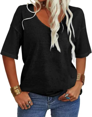 Tankaneo Women's Summer Fashion V-Neck Half Sleeves T Shirt Solid Casual Loose Basic Tunics Tops