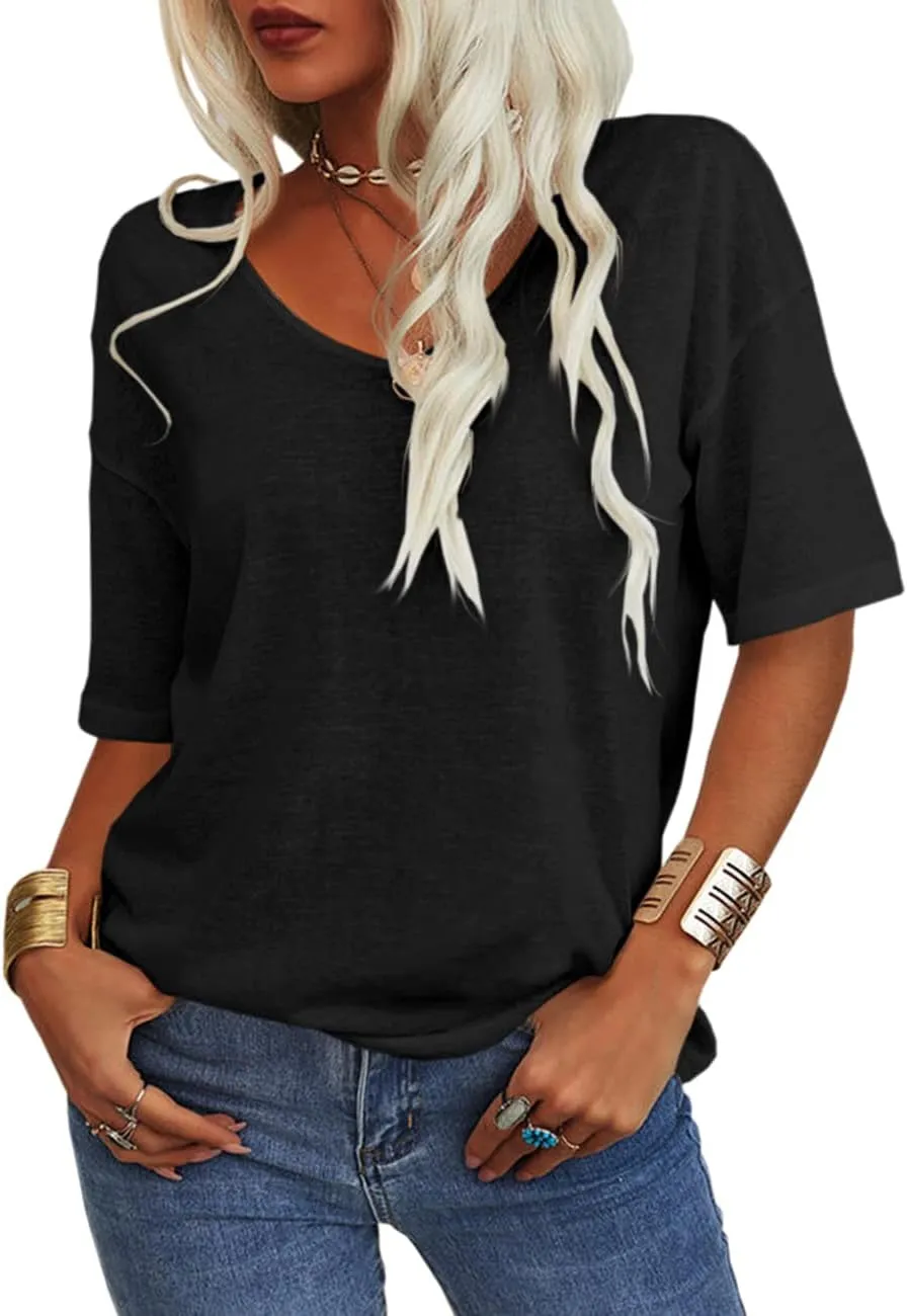 Tankaneo Women's Summer Fashion V-Neck Half Sleeves T Shirt Solid Casual Loose Basic Tunics Tops