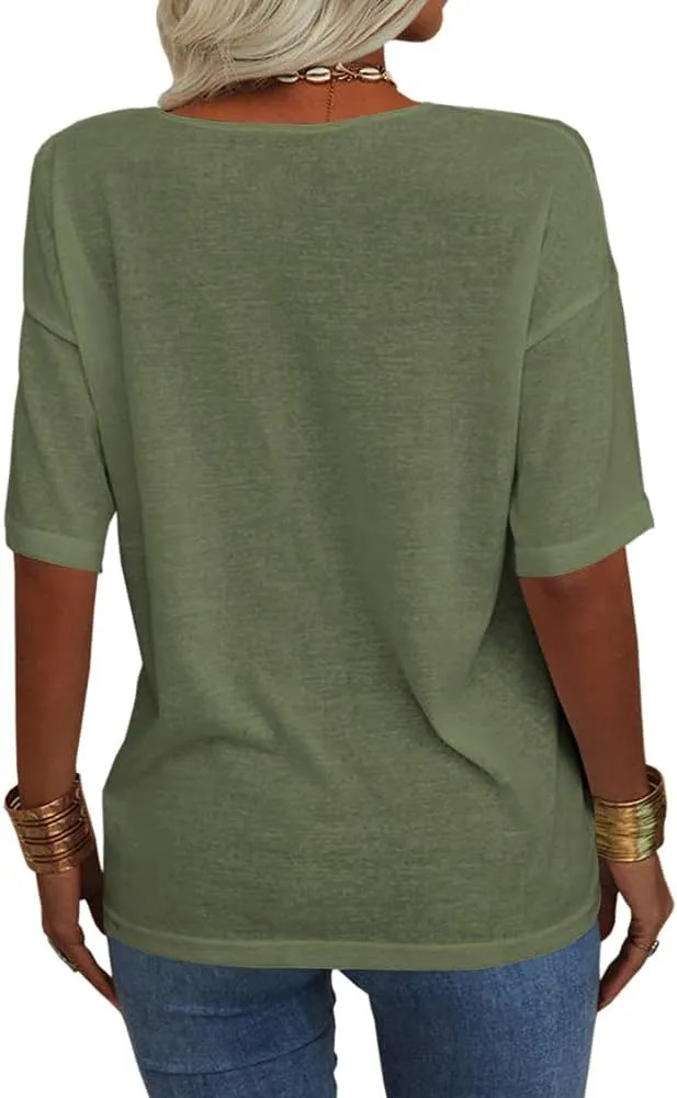 Tankaneo Women's Summer Fashion V-Neck Half Sleeves T Shirt Solid Casual Loose Basic Tunics Tops