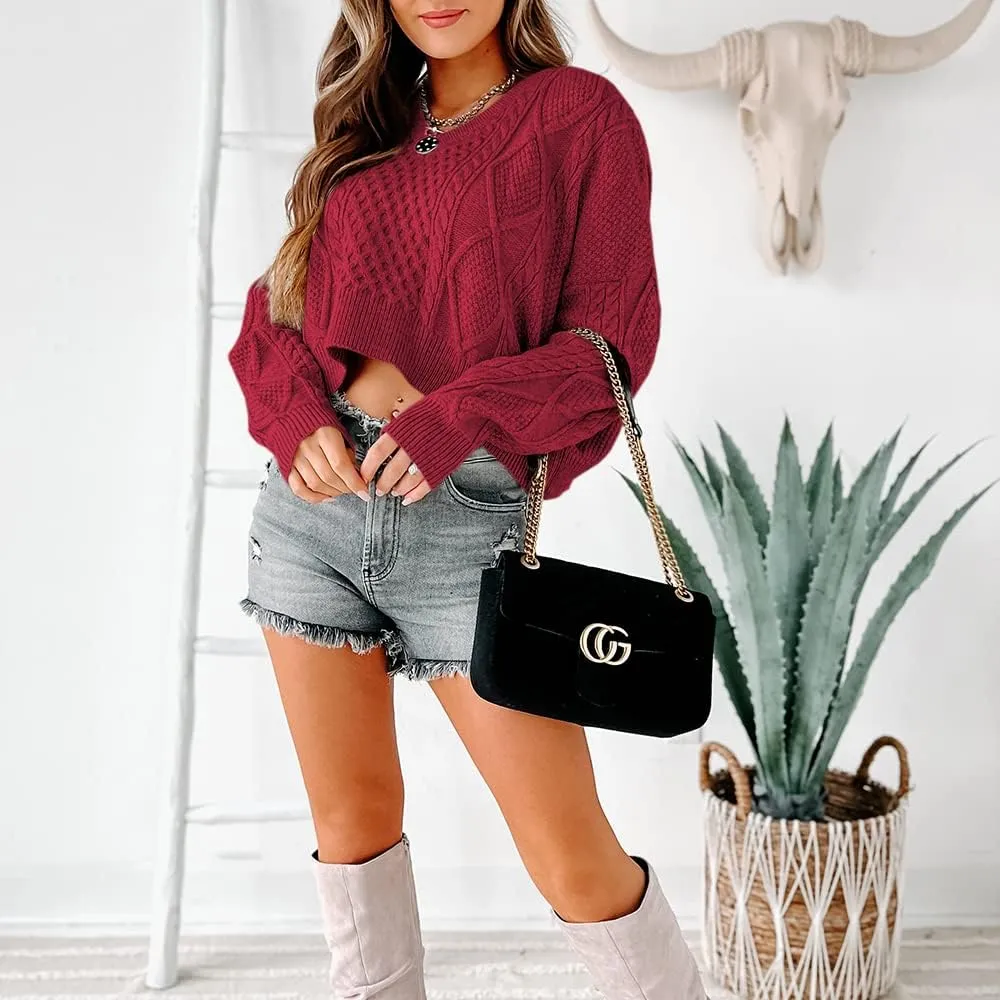 Tankaneo Women's V Neck Cropped Sweater Long Sleeve Crop Top Cable Knit Oversized Pullover Sweater