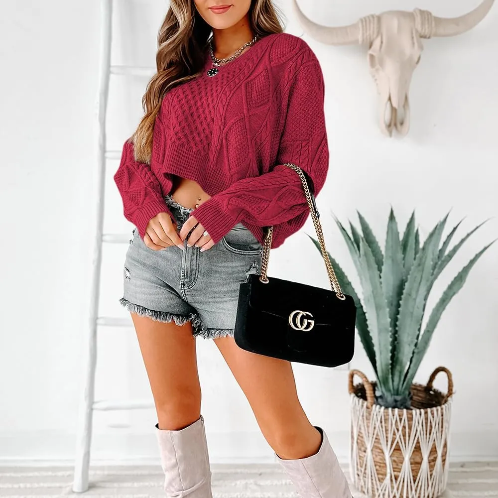 Tankaneo Women's V Neck Cropped Sweater Long Sleeve Crop Top Cable Knit Oversized Pullover Sweater