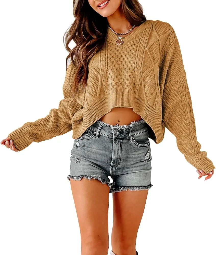 Tankaneo Women's V Neck Cropped Sweater Long Sleeve Crop Top Cable Knit Oversized Pullover Sweater