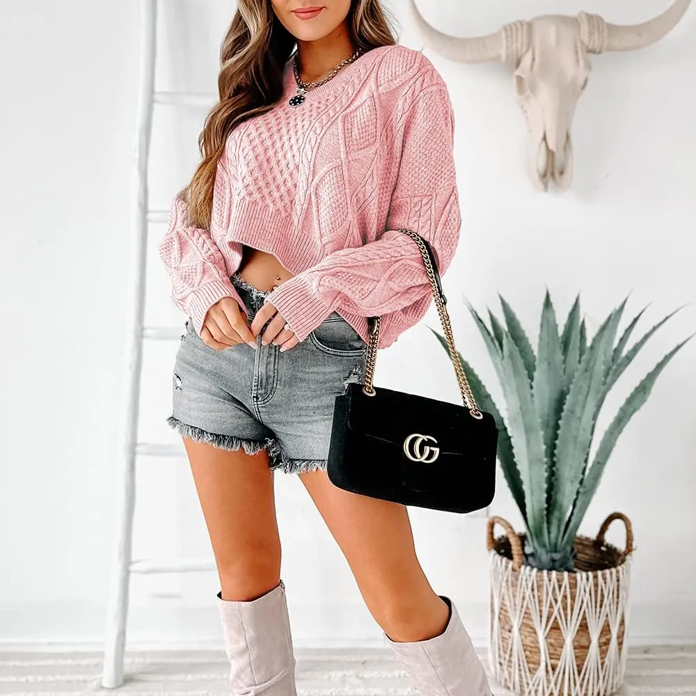 Tankaneo Women's V Neck Cropped Sweater Long Sleeve Crop Top Cable Knit Oversized Pullover Sweater