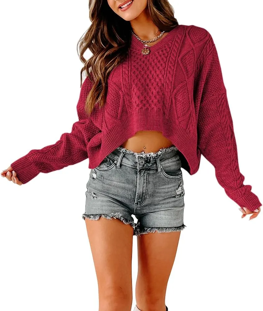 Tankaneo Women's V Neck Cropped Sweater Long Sleeve Crop Top Cable Knit Oversized Pullover Sweater