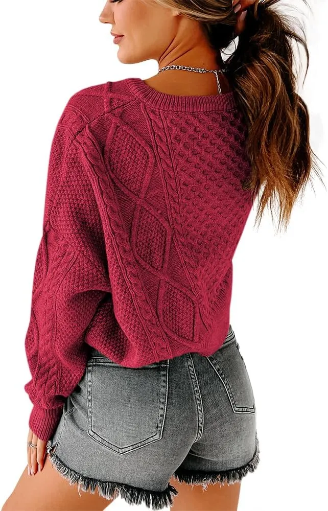 Tankaneo Women's V Neck Cropped Sweater Long Sleeve Crop Top Cable Knit Oversized Pullover Sweater