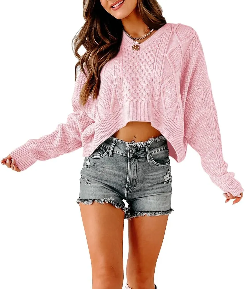 Tankaneo Women's V Neck Cropped Sweater Long Sleeve Crop Top Cable Knit Oversized Pullover Sweater
