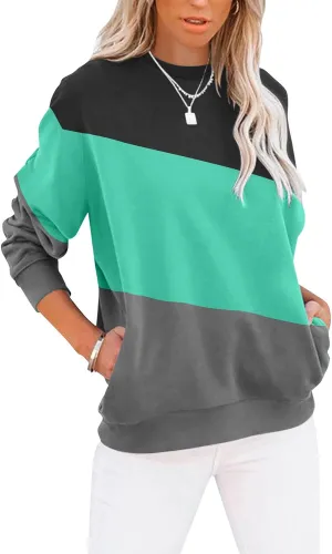 TICTICMIMI Women's Casual Long Sleeve Color Block/Solid Tops Crewneck Sweatshirts Cute Loose Fit Pullover with Pockets