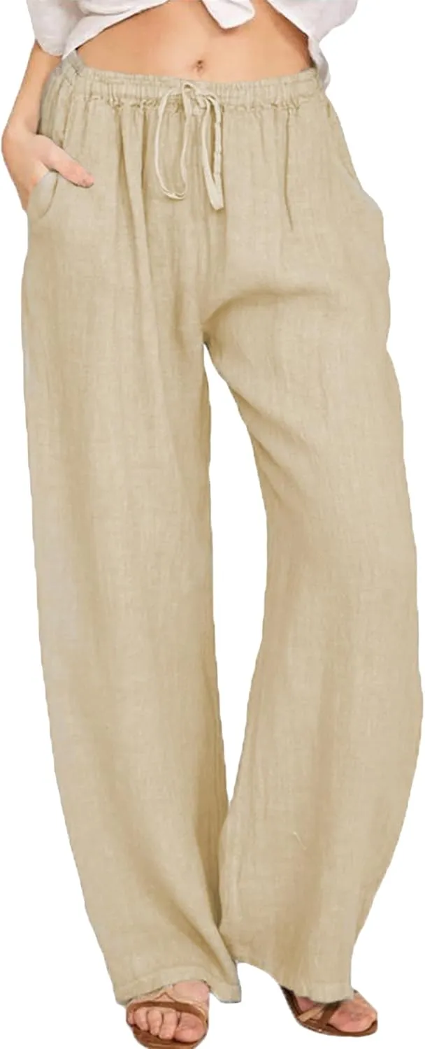 TYQQU Women Solid Color Drawstring Pant Elastic Waist Wide Leg Pants Straight Comfy Long Trousers