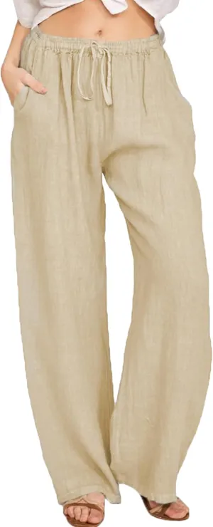 TYQQU Women Solid Color Drawstring Pant Elastic Waist Wide Leg Pants Straight Comfy Long Trousers