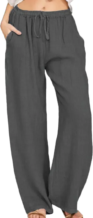 TYQQU Women Solid Color Drawstring Pant Elastic Waist Wide Leg Pants Straight Comfy Long Trousers