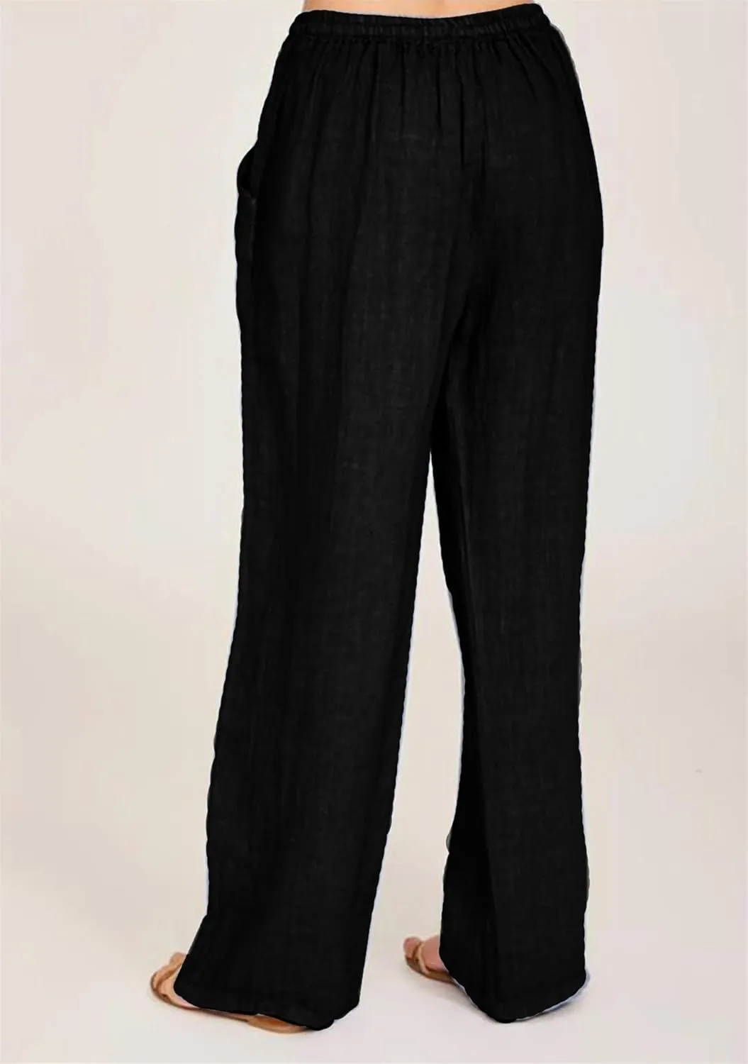 TYQQU Women Solid Color Drawstring Pant Elastic Waist Wide Leg Pants Straight Comfy Long Trousers