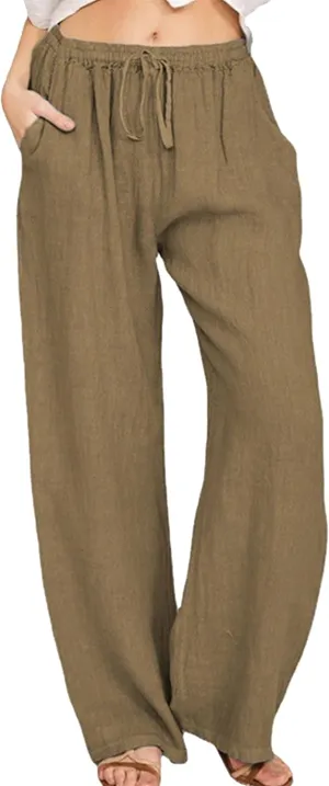 TYQQU Women Solid Color Drawstring Pant Elastic Waist Wide Leg Pants Straight Comfy Long Trousers