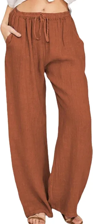 TYQQU Women Solid Color Drawstring Pant Elastic Waist Wide Leg Pants Straight Comfy Long Trousers