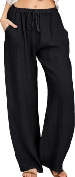 TYQQU Women Solid Color Drawstring Pant Elastic Waist Wide Leg Pants Straight Comfy Long Trousers