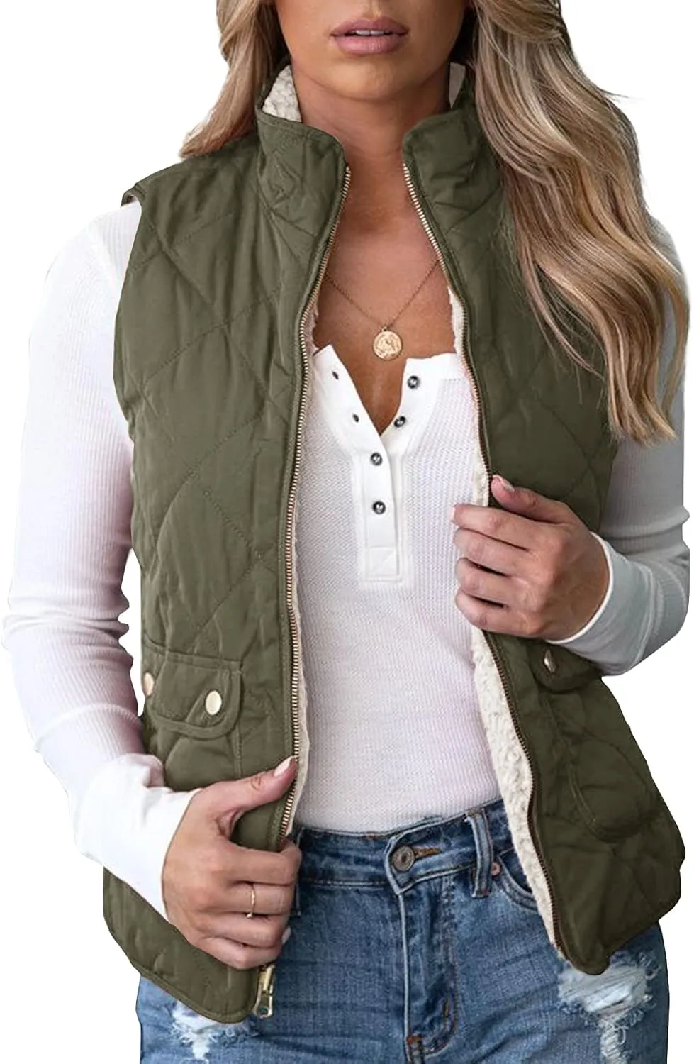 Valphsio Women's Reversible Sherpa Vest Quilted Zip Fleece Padded Gilet with Pockets