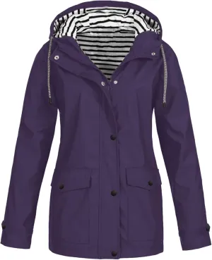 Waterproof Rain Jacket for Women Solid Stripe Hooded Windbreaker Lightweight Windproof Packable Pockets Rain Coat