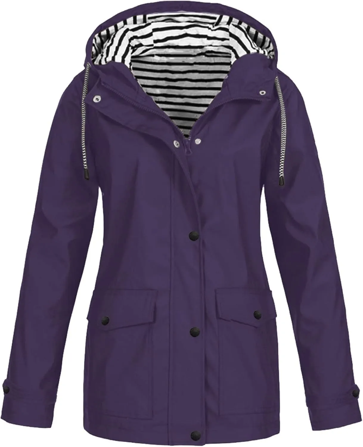 Waterproof Rain Jacket for Women Solid Stripe Hooded Windbreaker Lightweight Windproof Packable Pockets Rain Coat