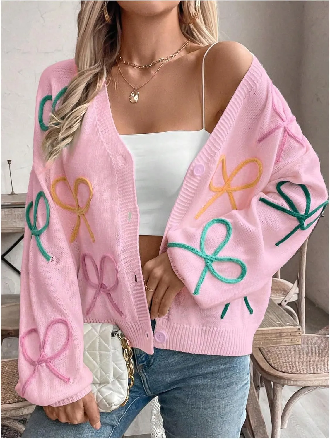 WDIRARA Women's Bow Button Down Cardigan V Neck Long Sleeve Drop Shoulder Knit Sweater
