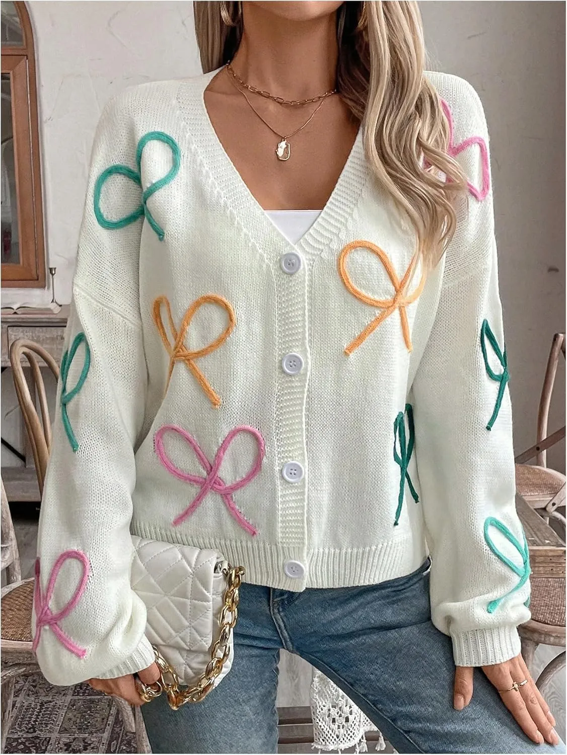 WDIRARA Women's Bow Button Down Cardigan V Neck Long Sleeve Drop Shoulder Knit Sweater