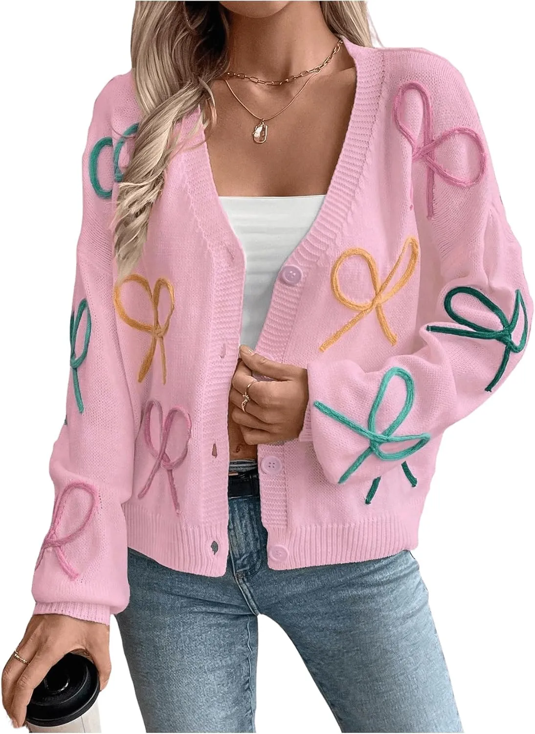 WDIRARA Women's Bow Button Down Cardigan V Neck Long Sleeve Drop Shoulder Knit Sweater