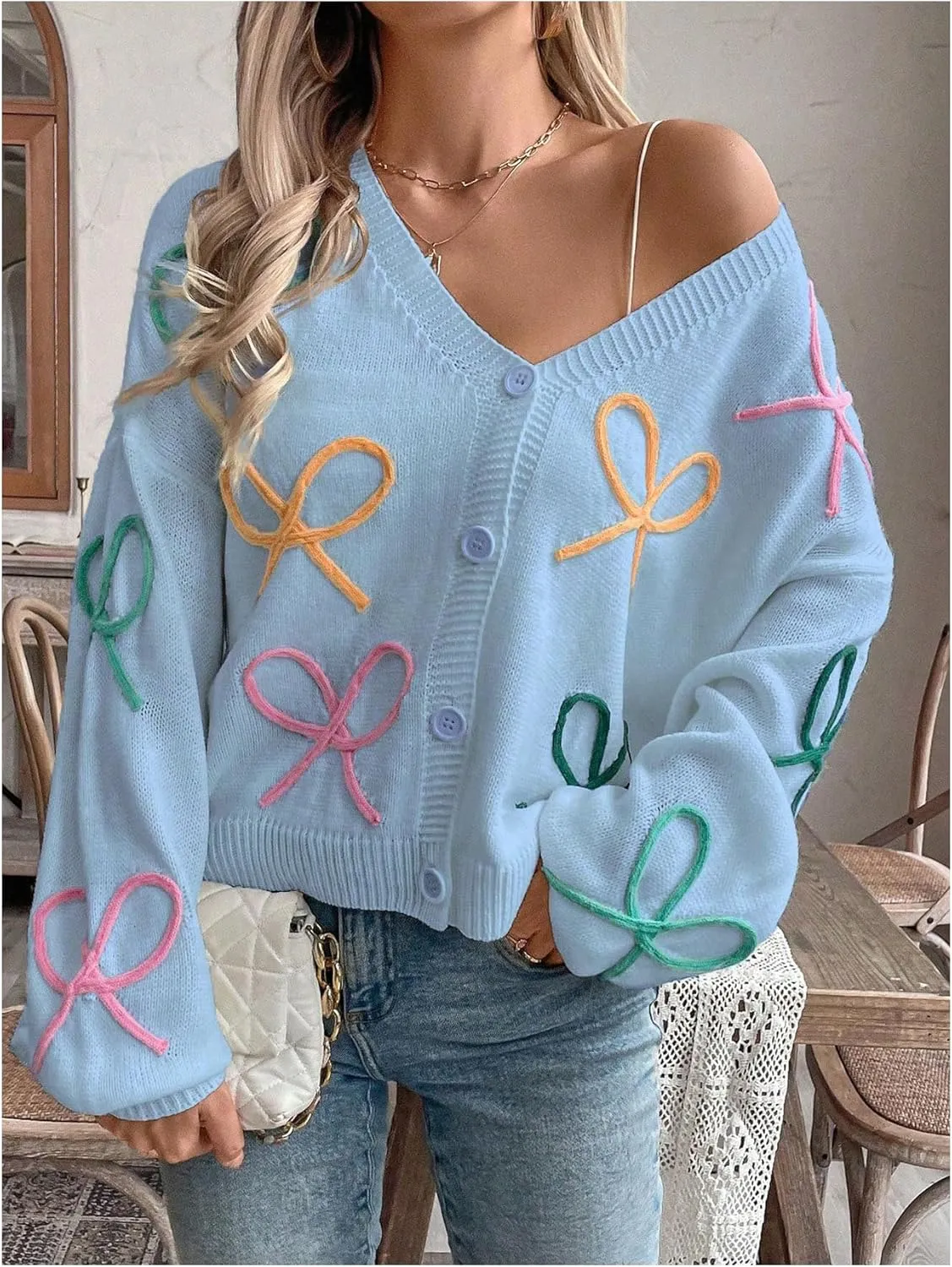 WDIRARA Women's Bow Button Down Cardigan V Neck Long Sleeve Drop Shoulder Knit Sweater