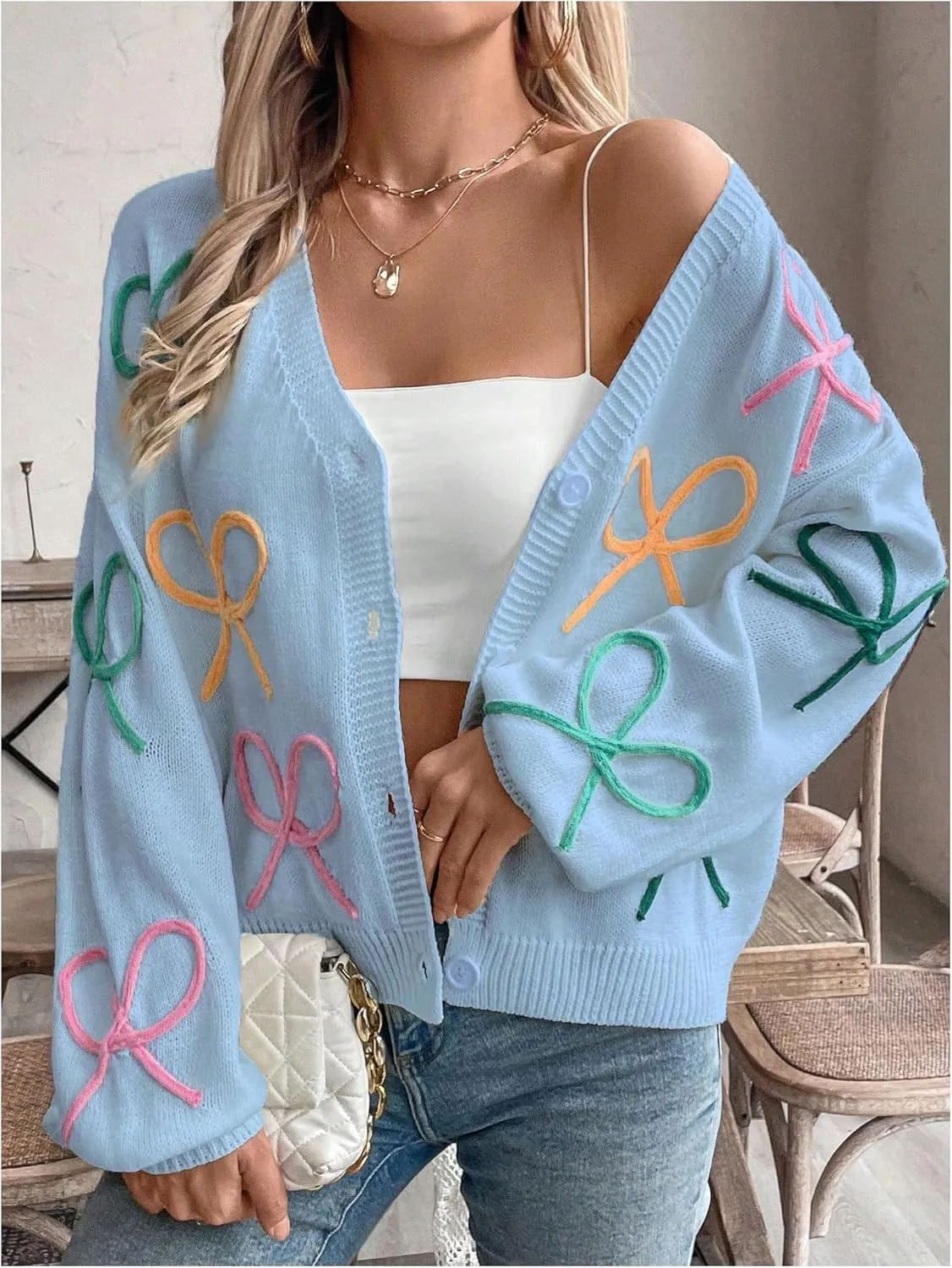 WDIRARA Women's Bow Button Down Cardigan V Neck Long Sleeve Drop Shoulder Knit Sweater