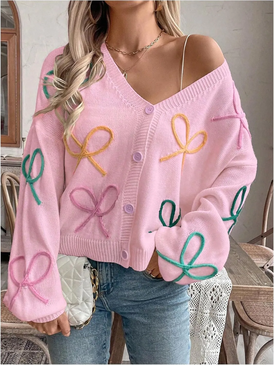 WDIRARA Women's Bow Button Down Cardigan V Neck Long Sleeve Drop Shoulder Knit Sweater