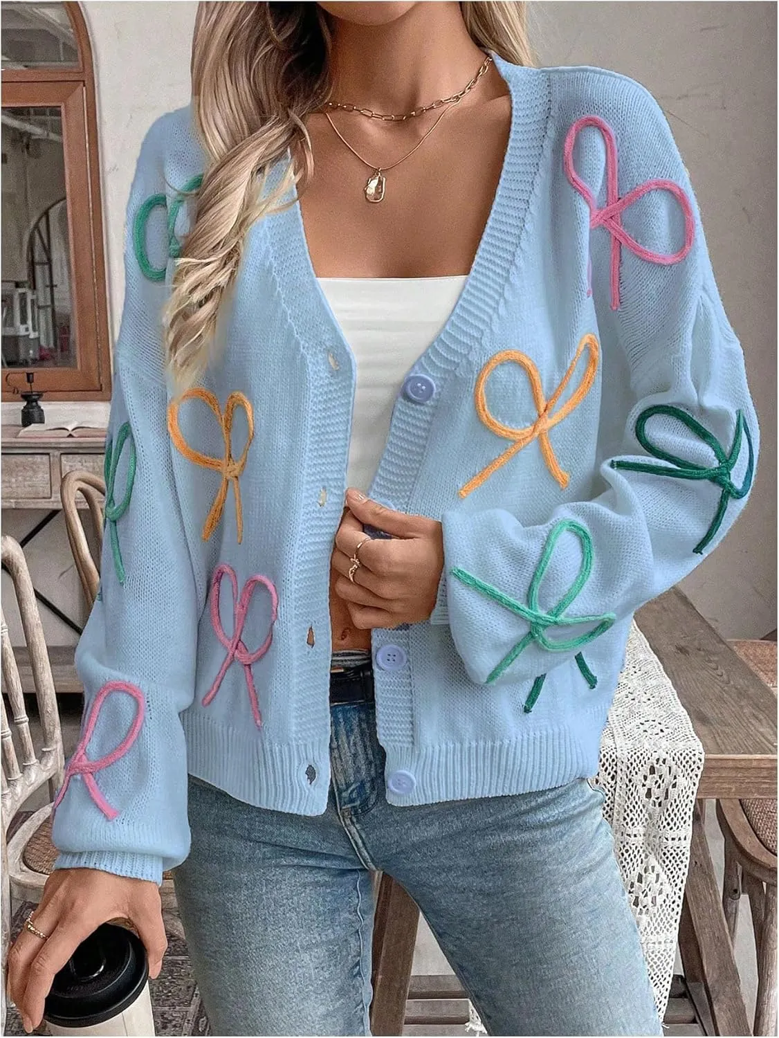 WDIRARA Women's Bow Button Down Cardigan V Neck Long Sleeve Drop Shoulder Knit Sweater