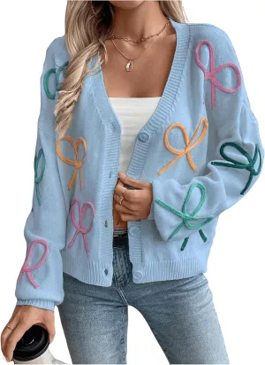 WDIRARA Women's Bow Button Down Cardigan V Neck Long Sleeve Drop Shoulder Knit Sweater