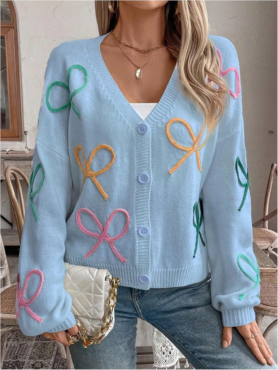 WDIRARA Women's Bow Button Down Cardigan V Neck Long Sleeve Drop Shoulder Knit Sweater