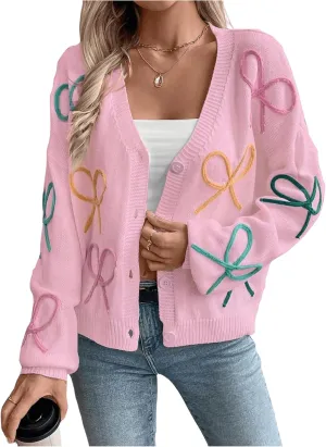 WDIRARA Women's Bow Button Down Cardigan V Neck Long Sleeve Drop Shoulder Knit Sweater