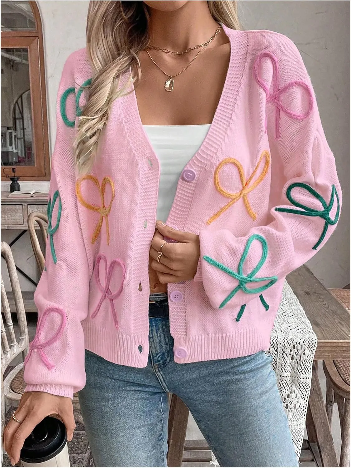 WDIRARA Women's Bow Button Down Cardigan V Neck Long Sleeve Drop Shoulder Knit Sweater