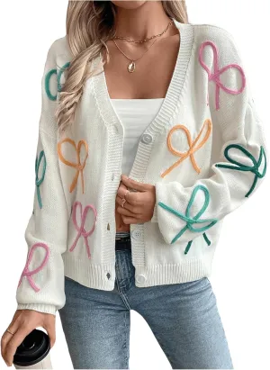 WDIRARA Women's Bow Button Down Cardigan V Neck Long Sleeve Drop Shoulder Knit Sweater