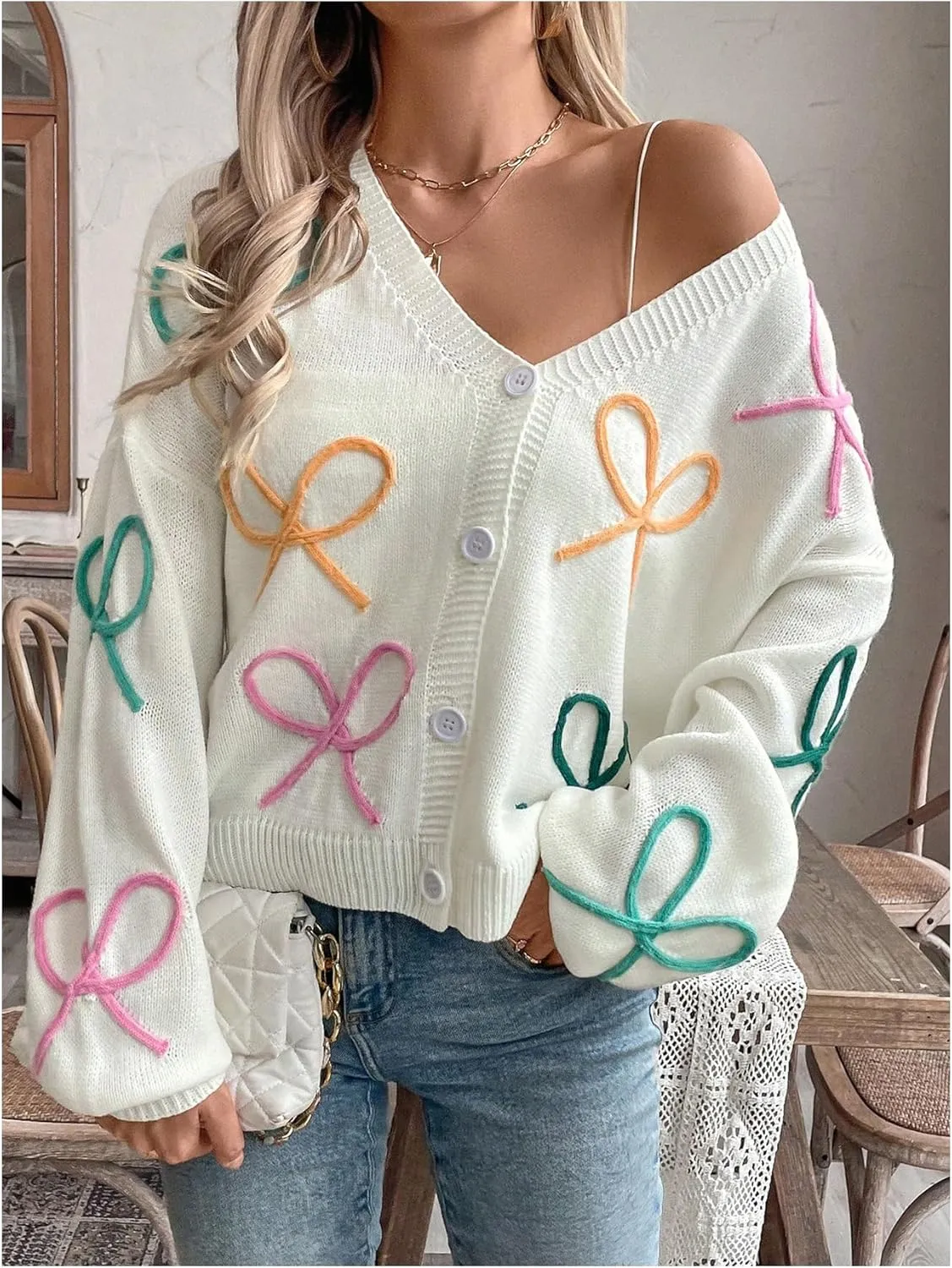 WDIRARA Women's Bow Button Down Cardigan V Neck Long Sleeve Drop Shoulder Knit Sweater