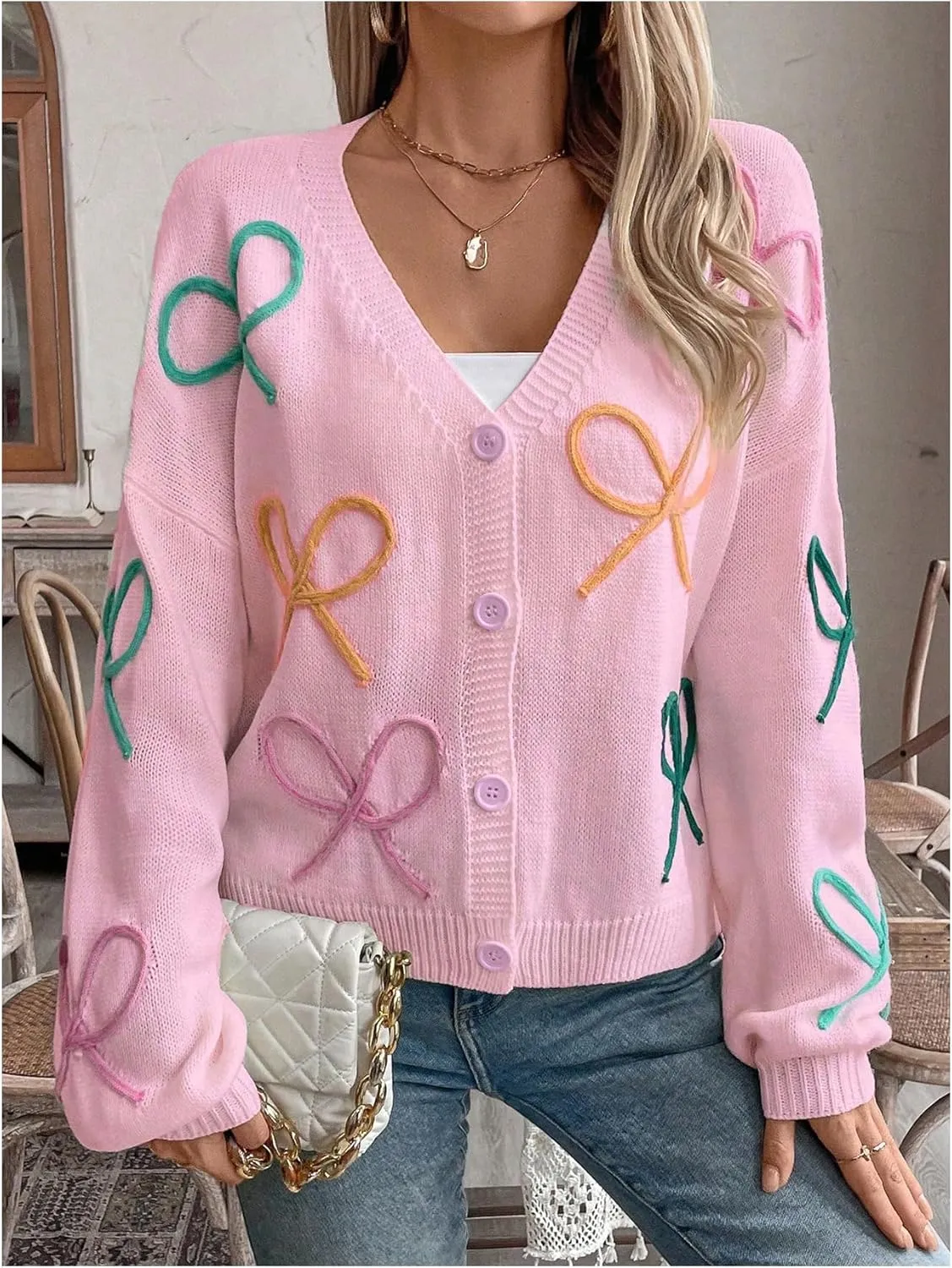 WDIRARA Women's Bow Button Down Cardigan V Neck Long Sleeve Drop Shoulder Knit Sweater