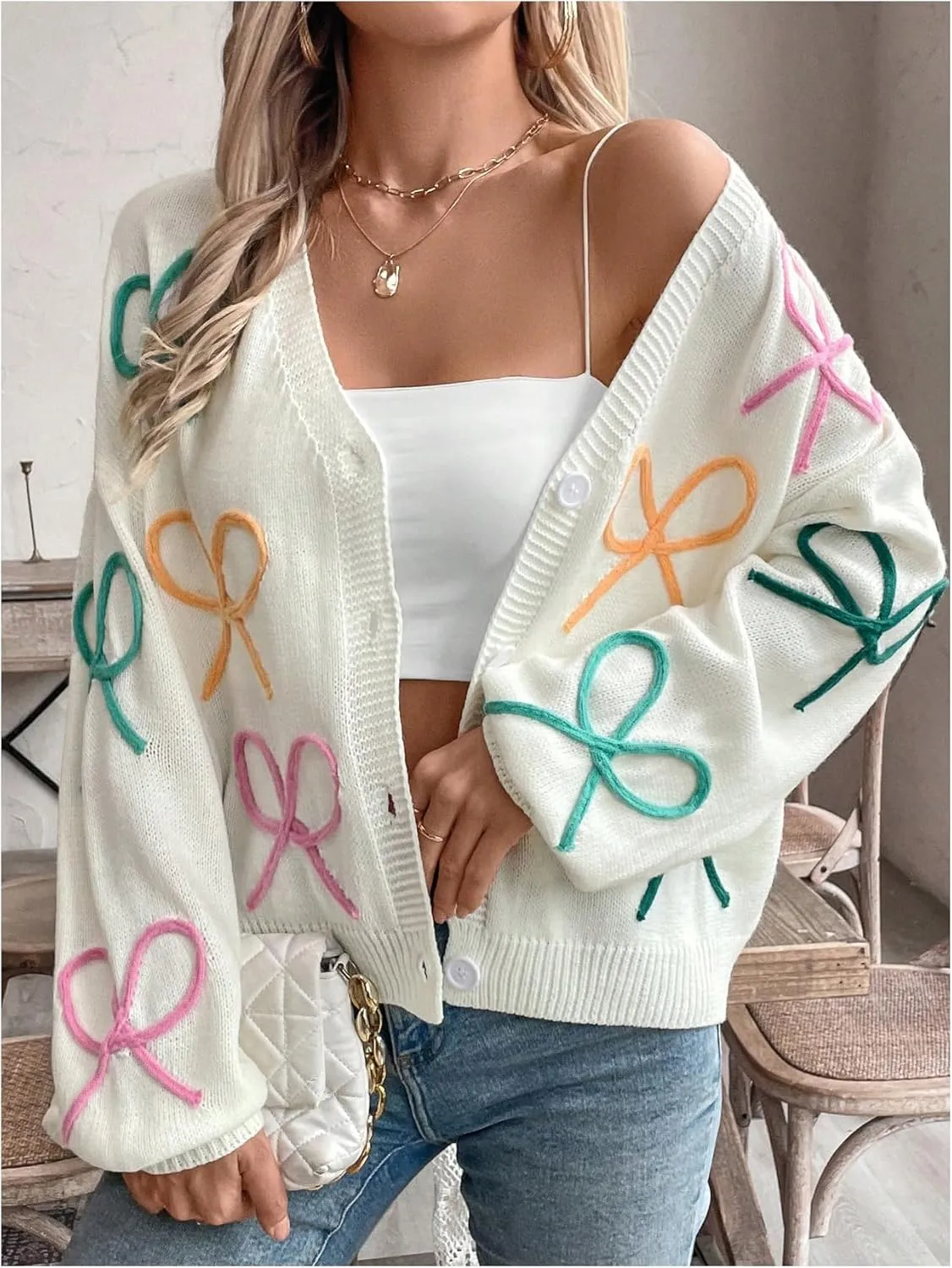 WDIRARA Women's Bow Button Down Cardigan V Neck Long Sleeve Drop Shoulder Knit Sweater