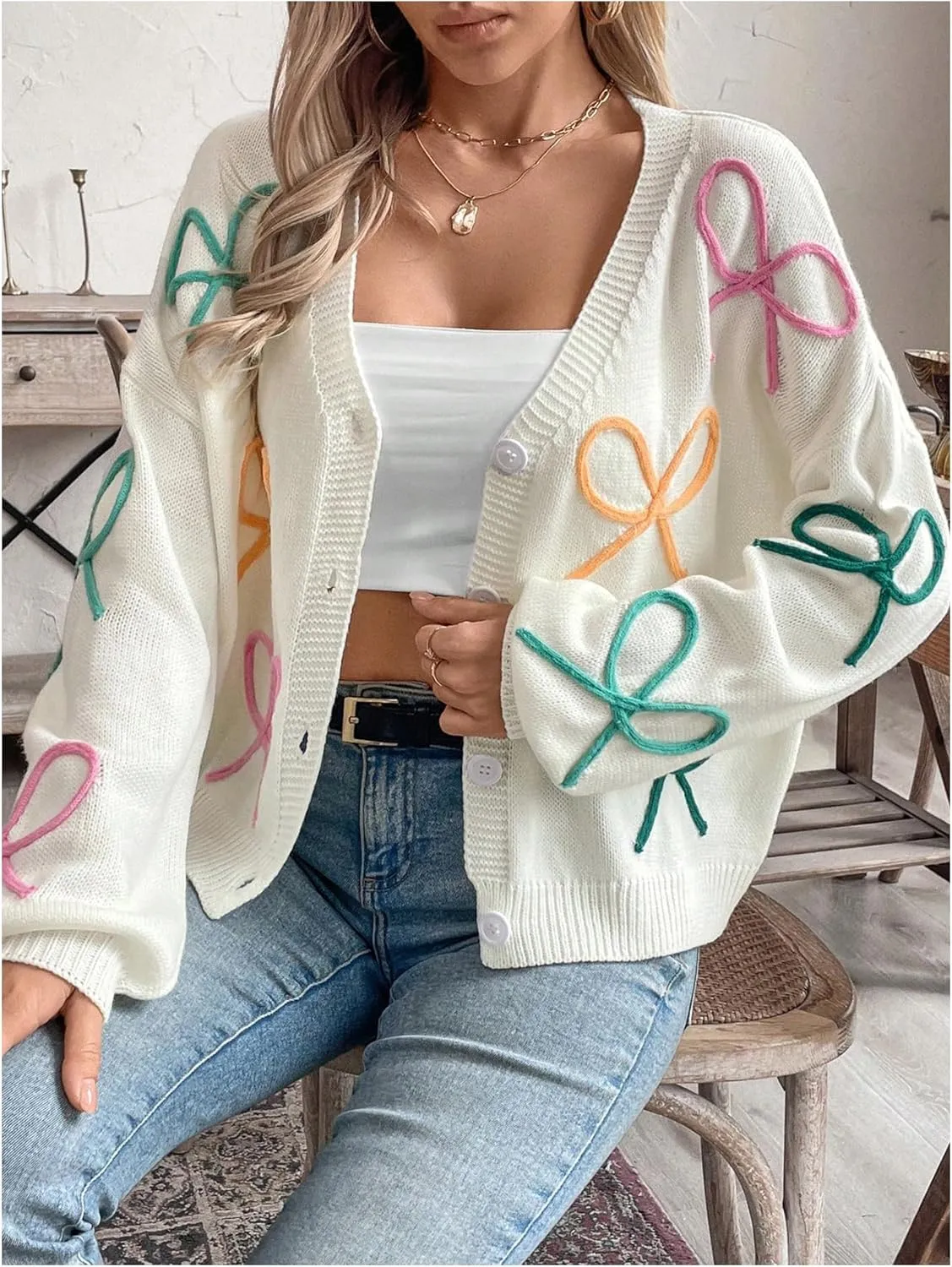 WDIRARA Women's Bow Button Down Cardigan V Neck Long Sleeve Drop Shoulder Knit Sweater