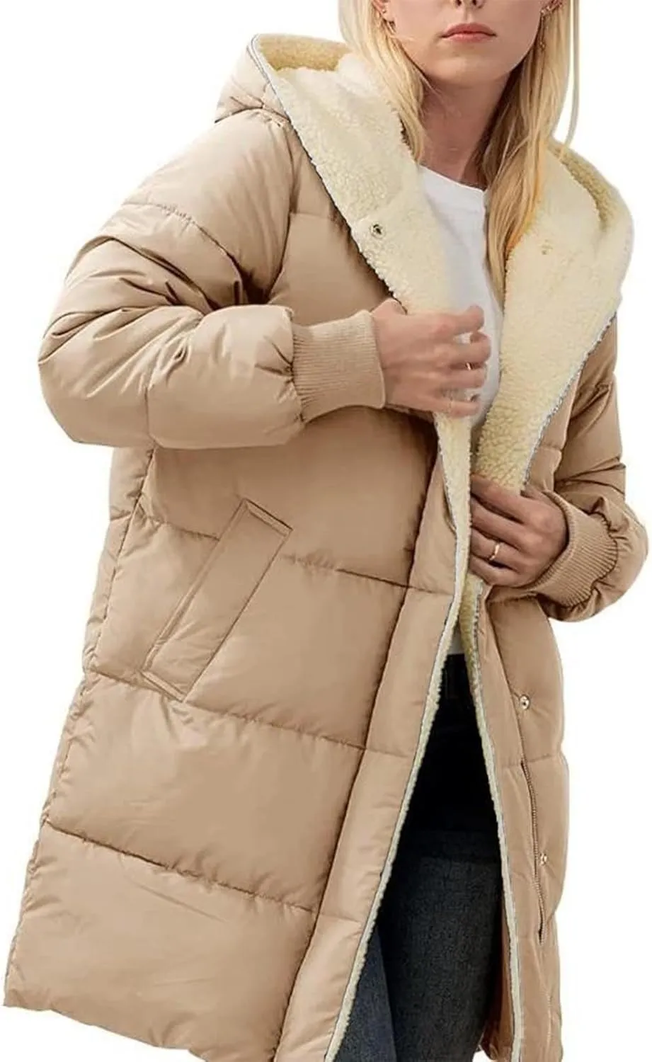 Women 2024 Winter Sherpa Lined Long Hooded Jackets Long Sleeve Button Down Shearling Fluffy Coats Trendy Outerwear